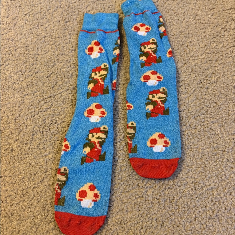 Nintendo Blue Socks with Mario and Mushroom Design